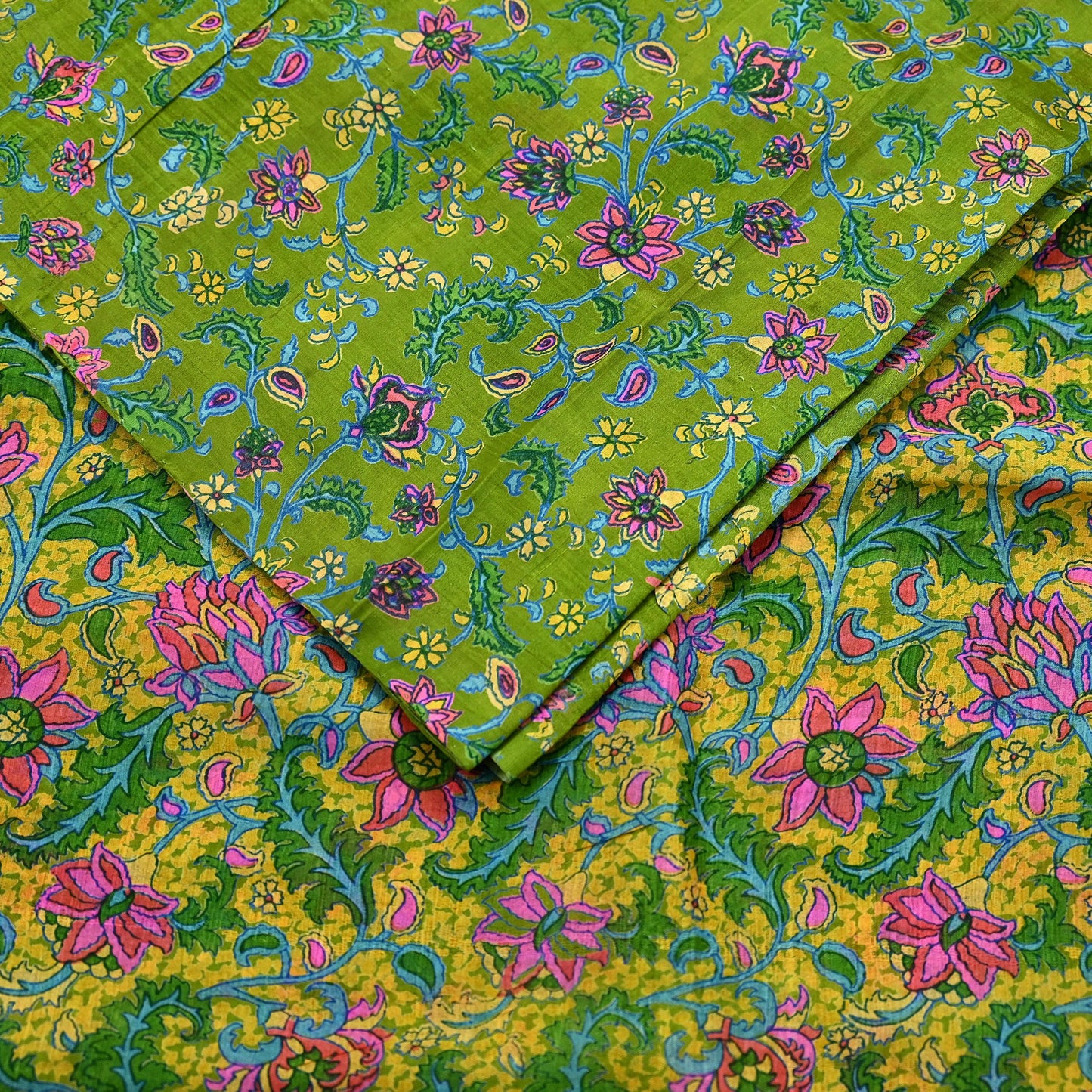 Indian Vintage Sari Green & Yellow 100% Pure Silk Printed Sarees 5yd Sewing Craft Fabric DressMaking Soft Crafting Quilting Upcycle