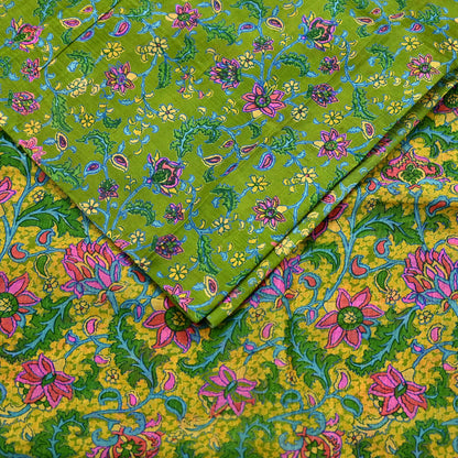 Indian Vintage Sari Green & Yellow 100% Pure Silk Printed Sarees 5yd Sewing Craft Fabric DressMaking Soft Crafting Quilting Upcycle
