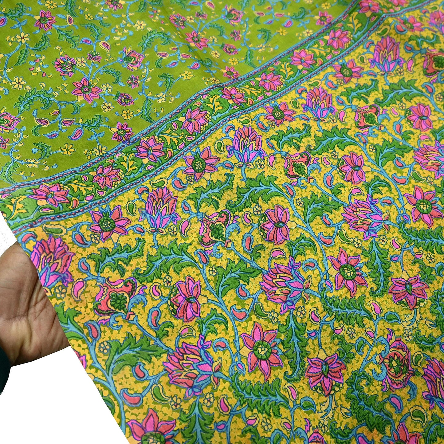 Indian Vintage Sari Green & Yellow 100% Pure Silk Printed Sarees 5yd Sewing Craft Fabric DressMaking Soft Crafting Quilting Upcycle