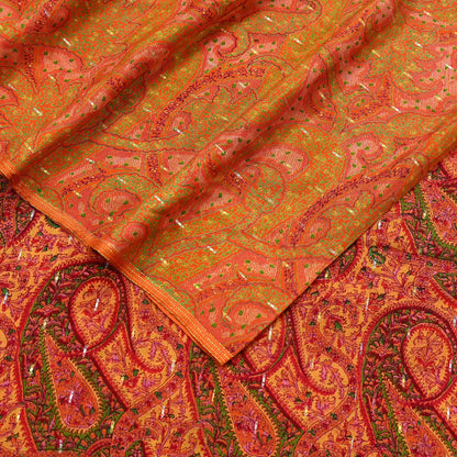 Indian Vintage Sari Orange 100% Pure Silk Printed Sarees 5yd Sewing Craft Fabric Zari Dress Making Soft Wrap Quilting Used Crafting Upcycle