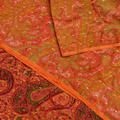 Indian Vintage Sari Orange 100% Pure Silk Printed Sarees 5yd Sewing Craft Fabric Zari Dress Making Soft Wrap Quilting Used Crafting Upcycle