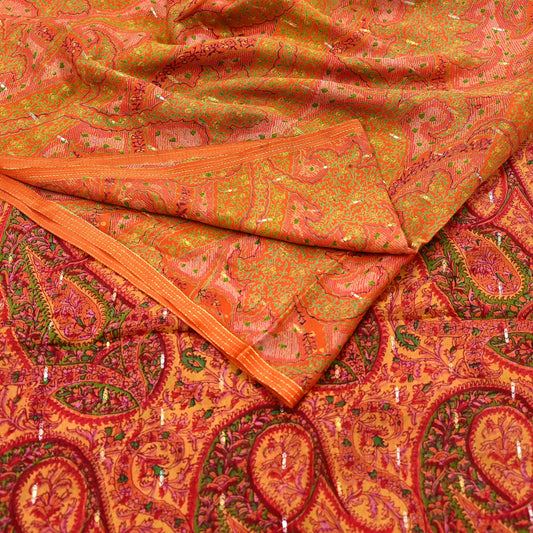 Indian Vintage Sari Orange 100% Pure Silk Printed Sarees 5yd Sewing Craft Fabric Zari Dress Making Soft Wrap Quilting Used Crafting Upcycle