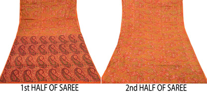 Indian Vintage Sari Orange 100% Pure Silk Printed Sarees 5yd Sewing Craft Fabric Zari Dress Making Soft Wrap Quilting Used Crafting Upcycle