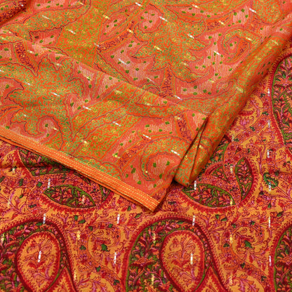 Indian Vintage Sari Orange 100% Pure Silk Printed Sarees 5yd Sewing Craft Fabric Zari Dress Making Soft Wrap Quilting Used Crafting Upcycle