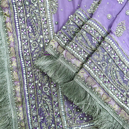Indian Vintage Heavy Purple Dupatta Pure Georgette Silk Long Stole Hand Embroidered Scarf Zardozi/Dabka Zari Sequins