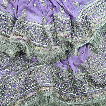 Indian Vintage Heavy Purple Dupatta Pure Georgette Silk Long Stole Hand Embroidered Scarf Zardozi/Dabka Zari Sequins