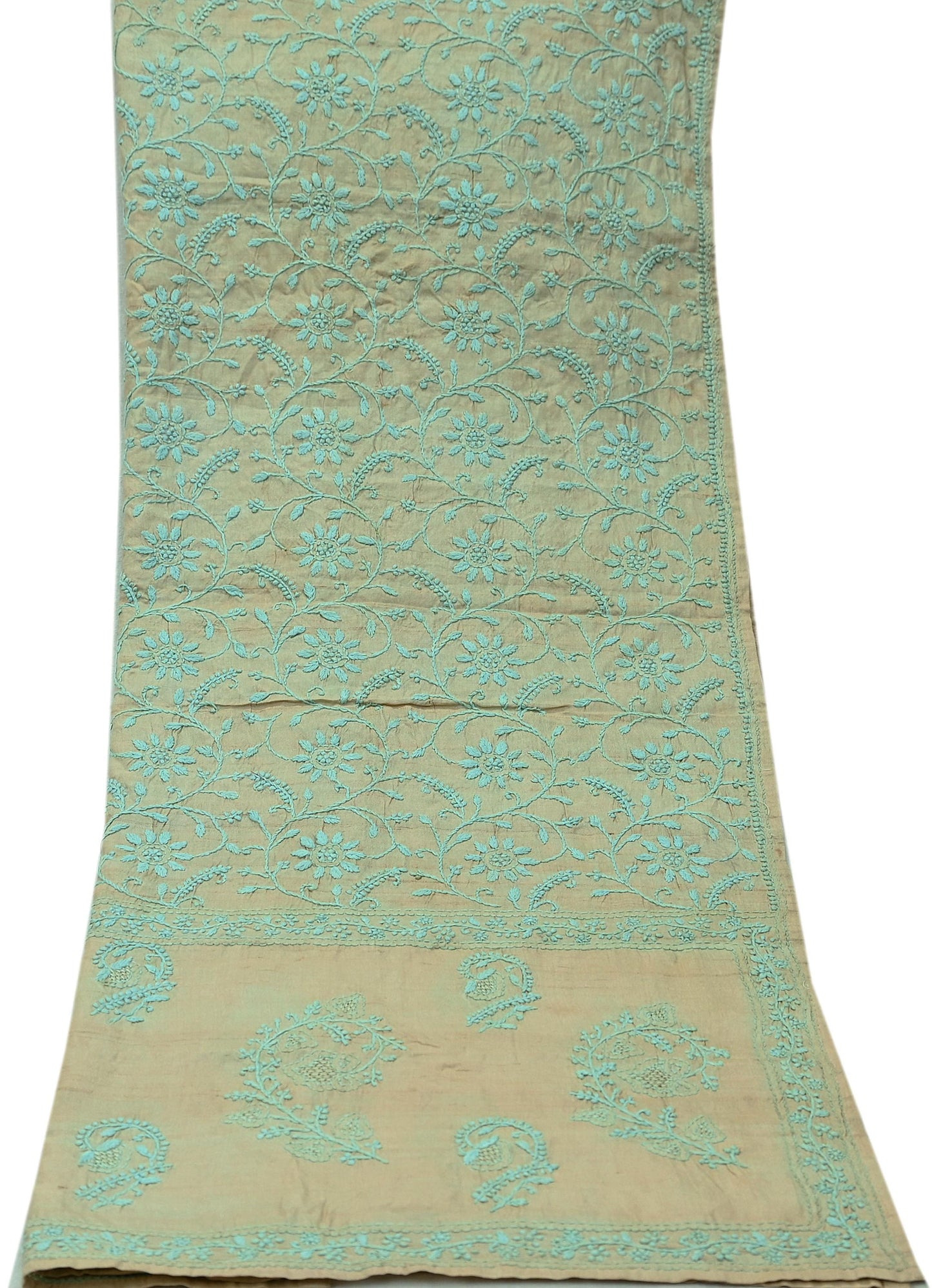 Indian Vintage Beige Dupatta Long Stole Pure silk Handmade Chikankari Scarves Veil Scarf Wrap Zari Floral Design