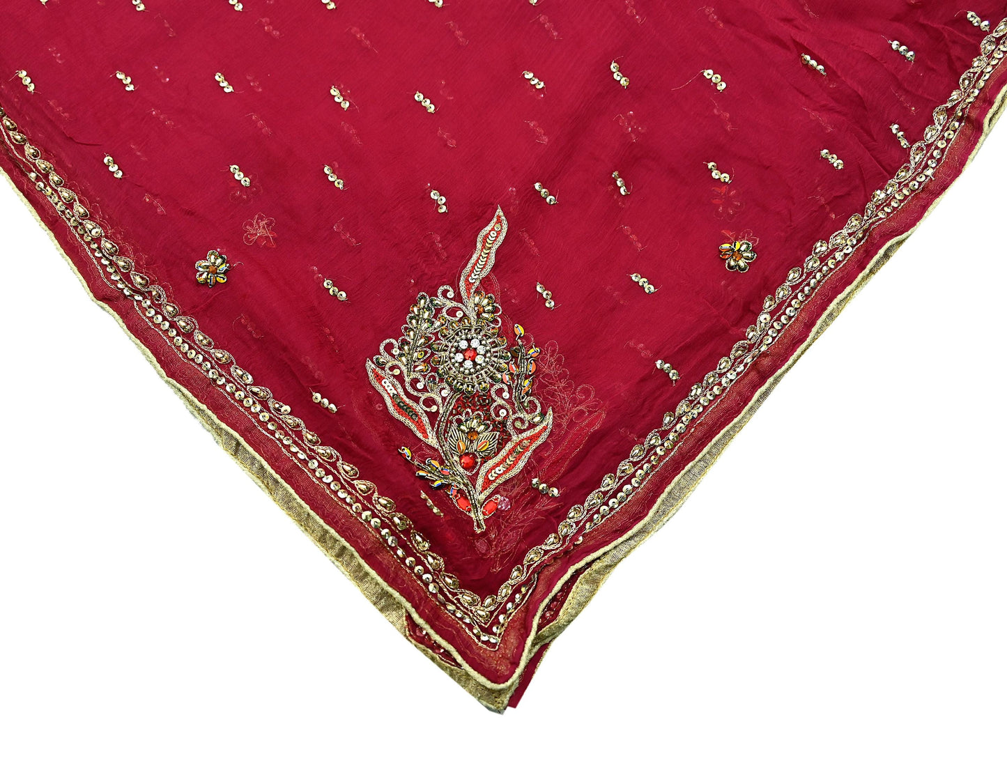 Indian Women Vintage Red Dupatta Pure Chiffon silk Long Stole Hand Embroidered Hijab Scarves Veil Wrap soft Zari