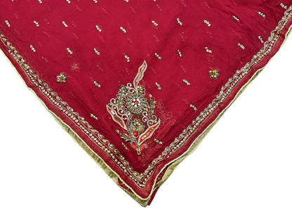 Indian Women Vintage Red Dupatta Pure Chiffon silk Long Stole Hand Embroidered Hijab Scarves Veil Wrap soft Zari