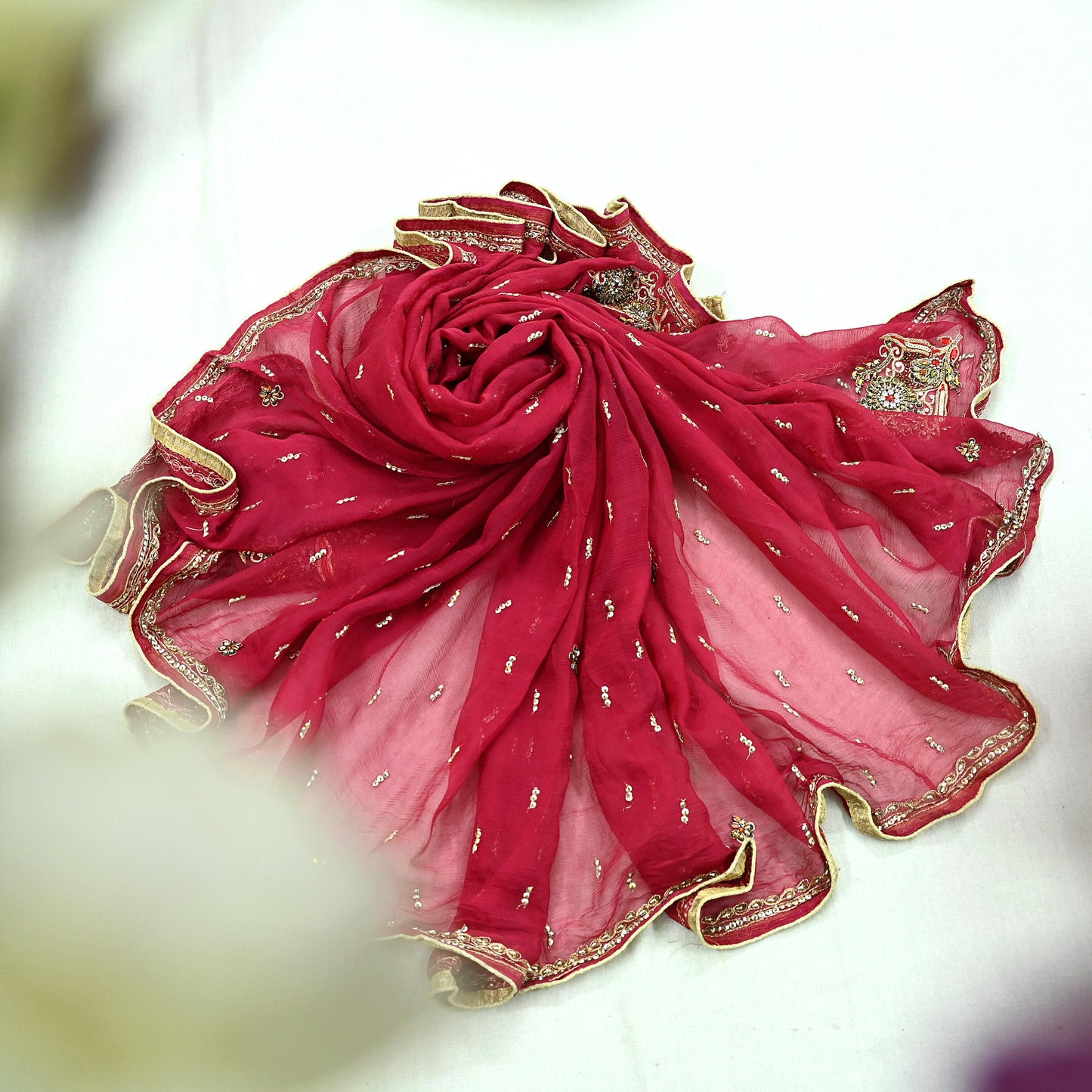 Indian Women Vintage Red Dupatta Pure Chiffon silk Long Stole Hand Embroidered Hijab Scarves Veil Wrap soft Zari