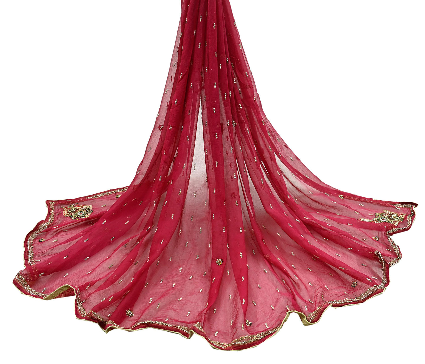 Indian Women Vintage Red Dupatta Pure Chiffon silk Long Stole Hand Embroidered Hijab Scarves Veil Wrap soft Zari