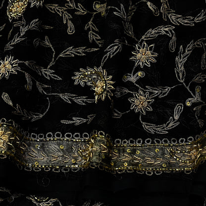 Indian Vintage Black Dupatta Pure Chiffon silk Long Stole Hand Embroidered Scarves Floral Design Stole Veil Wrap Zari Zardozi
