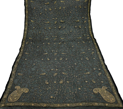 Indian Vintage Black Dupatta Pure Chiffon silk Long Stole Hand Embroidered Scarves Floral Design Stole Veil Wrap Zari Zardozi