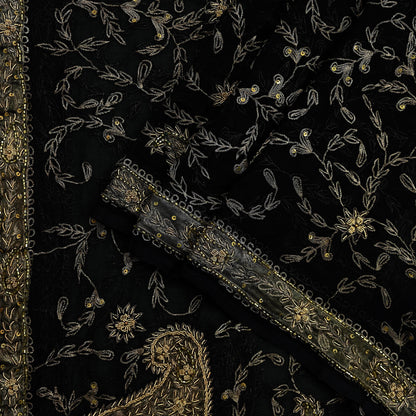 Indian Vintage Black Dupatta Pure Chiffon silk Long Stole Hand Embroidered Scarves Floral Design Stole Veil Wrap Zari Zardozi