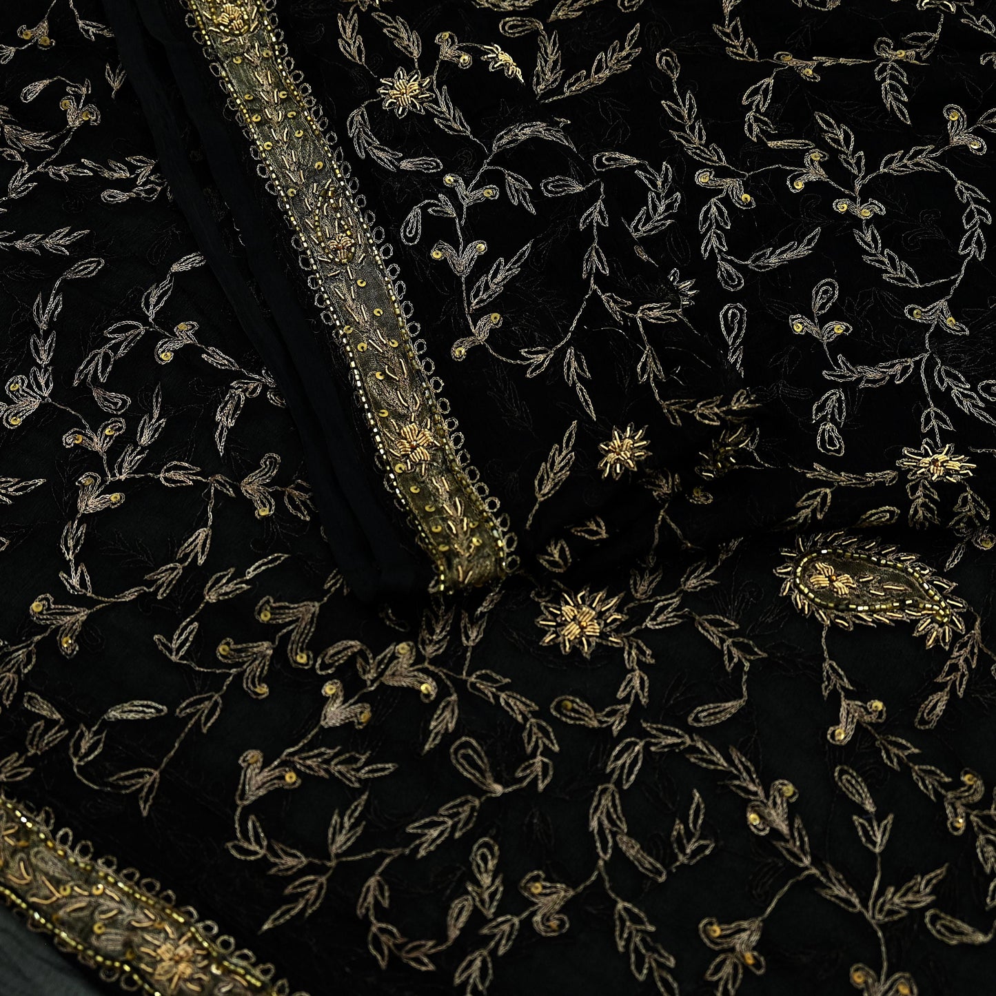 Indian Vintage Black Dupatta Pure Chiffon silk Long Stole Hand Embroidered Scarves Floral Design Stole Veil Wrap Zari Zardozi