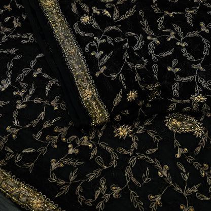 Indian Vintage Black Dupatta Pure Chiffon silk Long Stole Hand Embroidered Scarves Floral Design Stole Veil Wrap Zari Zardozi