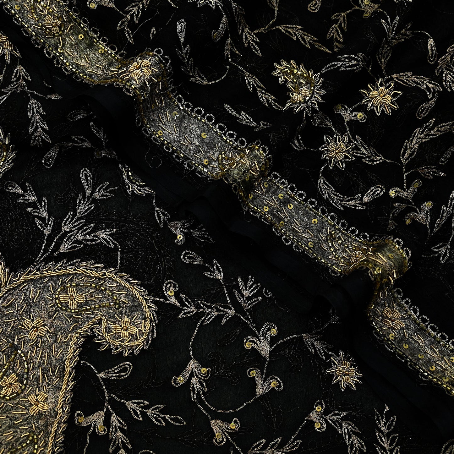 Indian Vintage Black Dupatta Pure Chiffon silk Long Stole Hand Embroidered Scarves Floral Design Stole Veil Wrap Zari Zardozi