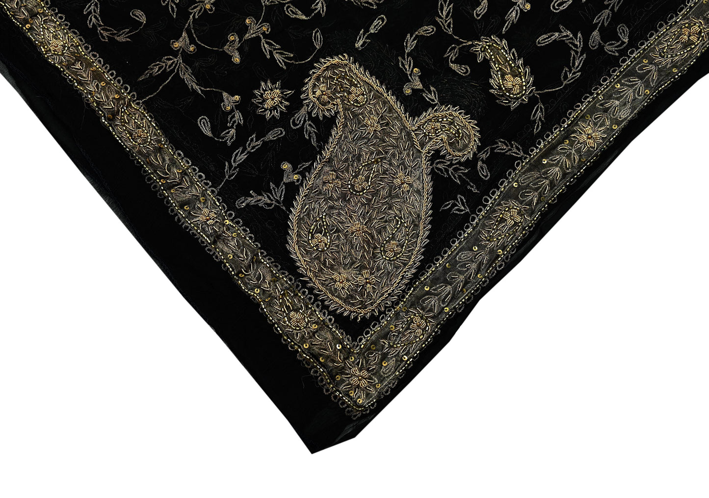 Indian Vintage Black Dupatta Pure Chiffon silk Long Stole Hand Embroidered Scarves Floral Design Stole Veil Wrap Zari Zardozi
