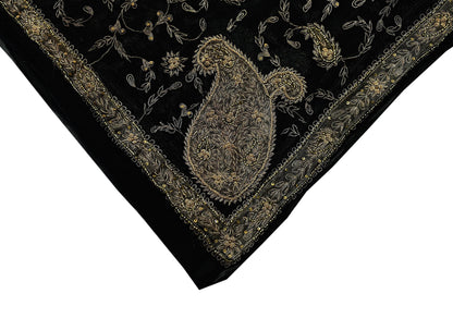 Indian Vintage Black Dupatta Pure Chiffon silk Long Stole Hand Embroidered Scarves Floral Design Stole Veil Wrap Zari Zardozi