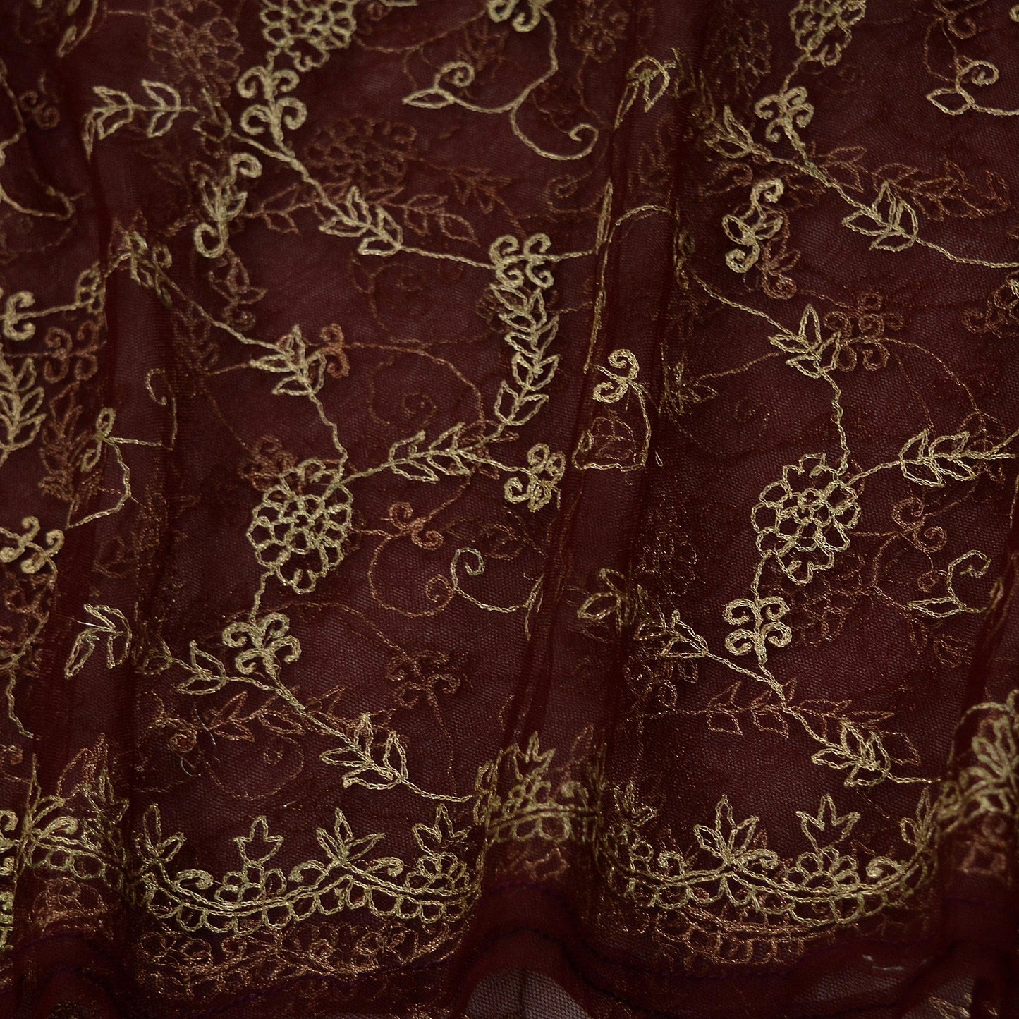 Indian Vintage Heavy Maroon Dupatta Net Mesh Long Stole Hand Embroidered Scarves Golden Zari Hijab Veil wrap Boho
