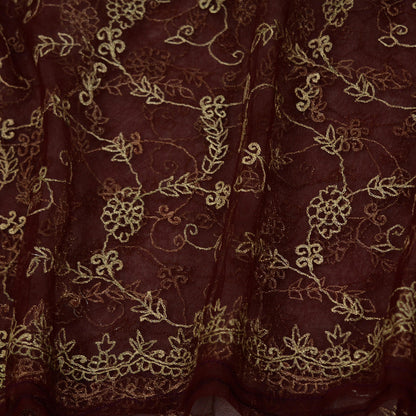 Indian Vintage Heavy Maroon Dupatta Net Mesh Long Stole Hand Embroidered Scarves Golden Zari Hijab Veil wrap Boho