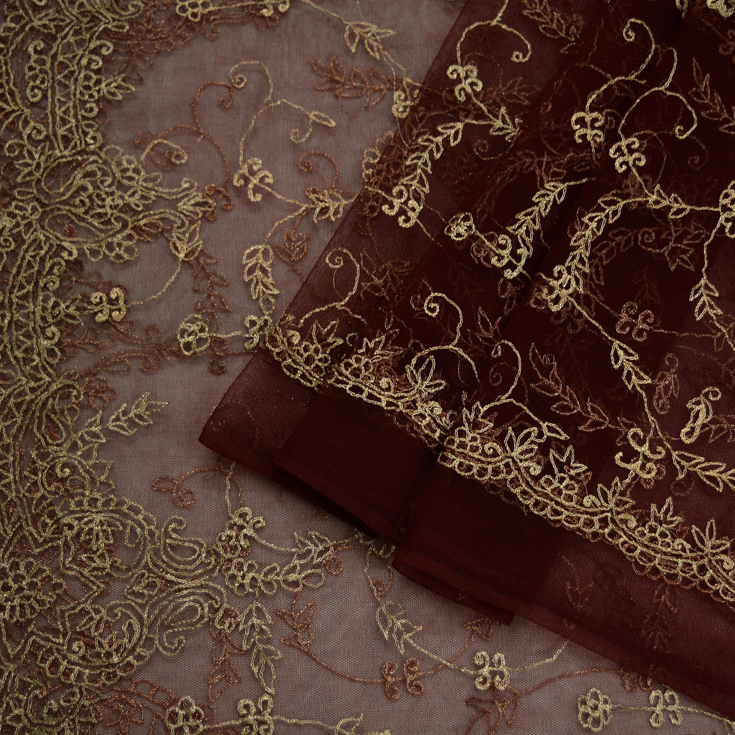 Indian Vintage Heavy Maroon Dupatta Net Mesh Long Stole Hand Embroidered Scarves Golden Zari Hijab Veil wrap Boho