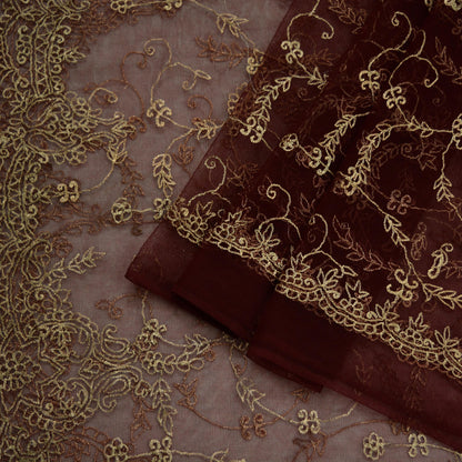 Indian Vintage Heavy Maroon Dupatta Net Mesh Long Stole Hand Embroidered Scarves Golden Zari Hijab Veil wrap Boho