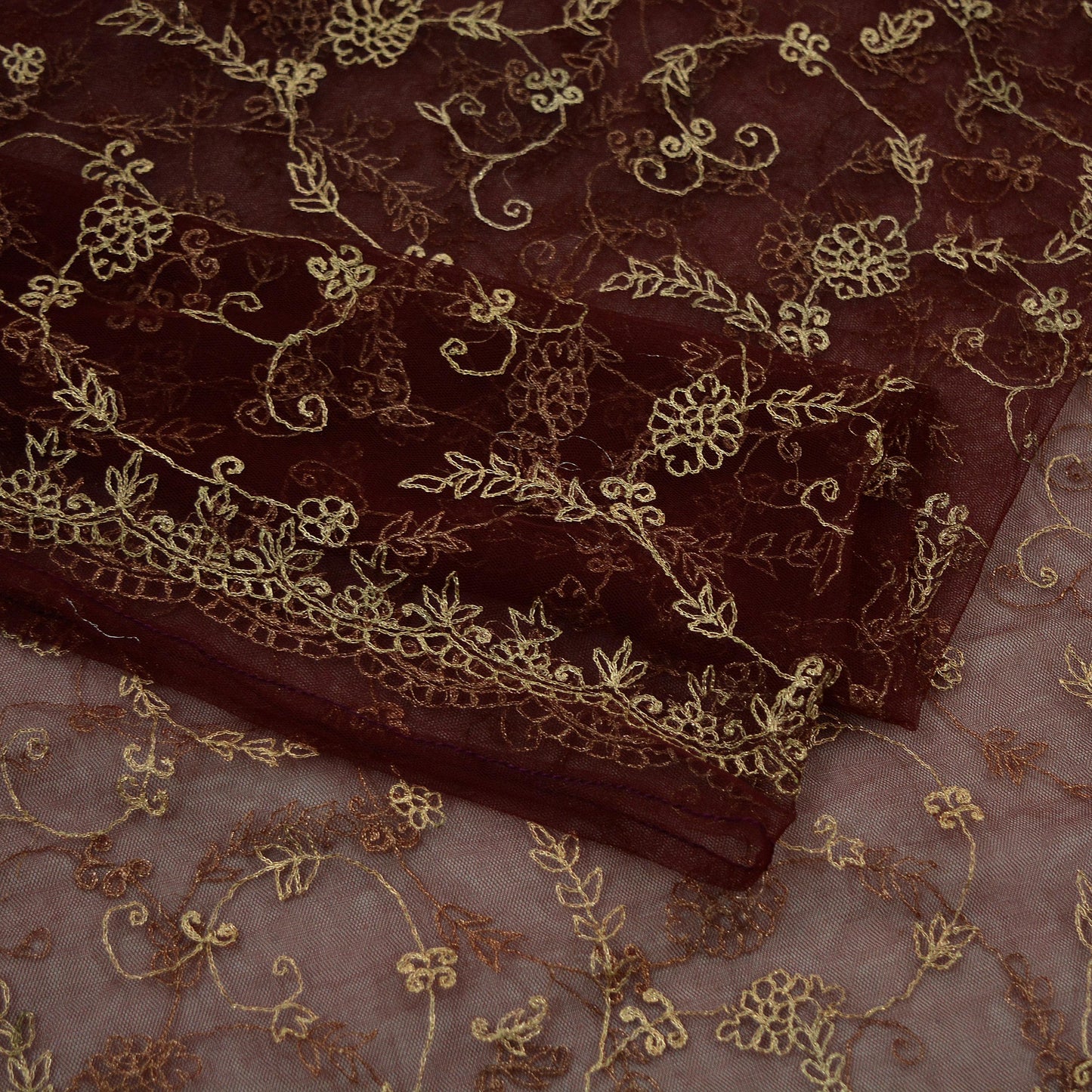 Indian Vintage Heavy Maroon Dupatta Net Mesh Long Stole Hand Embroidered Scarves Golden Zari Hijab Veil wrap Boho
