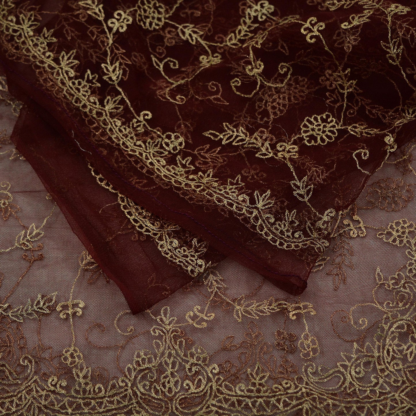 Indian Vintage Heavy Maroon Dupatta Net Mesh Long Stole Hand Embroidered Scarves Golden Zari Hijab Veil wrap Boho