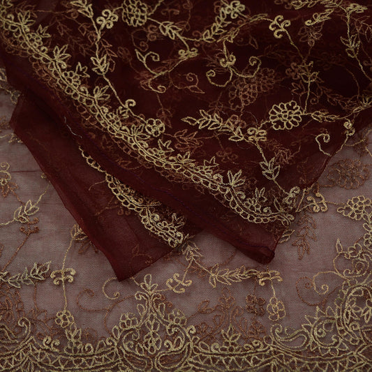 Indian Vintage Heavy Maroon Dupatta Net Mesh Long Stole Hand Embroidered Scarves Golden Zari Hijab Veil wrap Boho