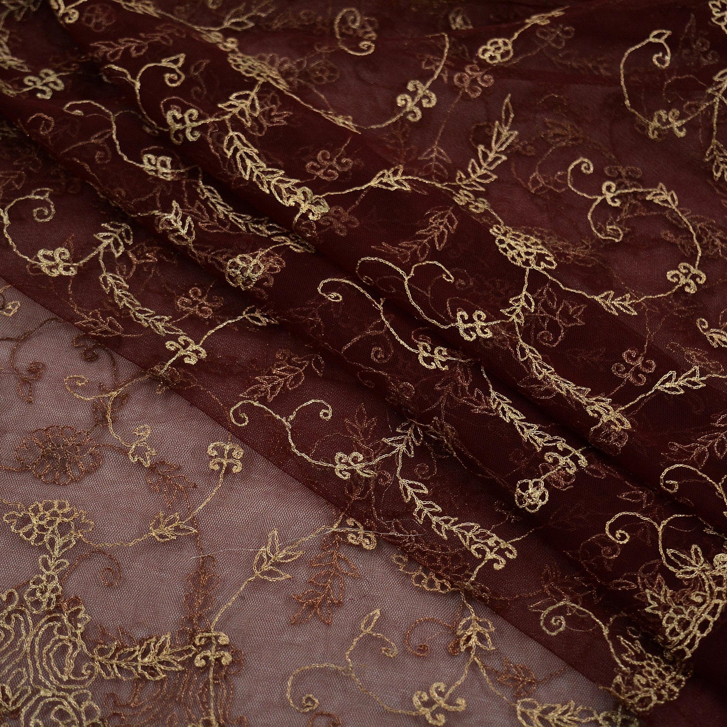 Indian Vintage Heavy Maroon Dupatta Net Mesh Long Stole Hand Embroidered Scarves Golden Zari Hijab Veil wrap Boho