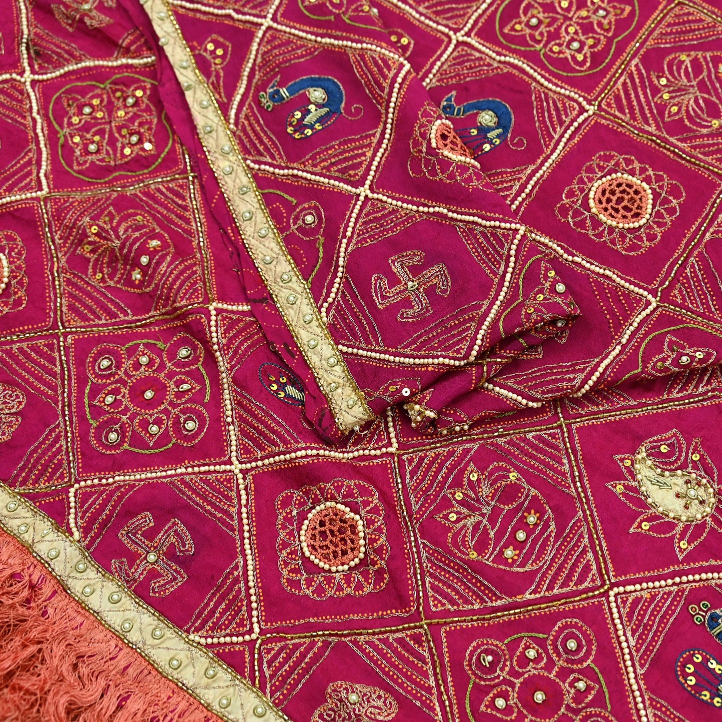 Indian Vintage Heavy Pink Dupatta Pure Silk Long Stole Hand Embroidered Bandhani Scarves Zardozi Bridal Veil Hijab Peacock/Elephants/Paisley