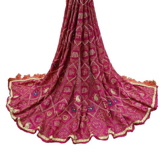 Indian Vintage Heavy Pink Dupatta Pure Silk Long Stole Hand Embroidered Bandhani Scarves Zardozi Bridal Veil Hijab Peacock/Elephants/Paisley