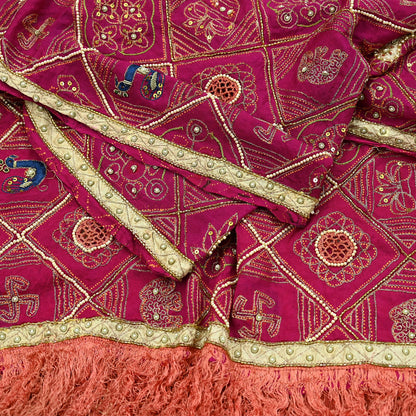 Indian Vintage Heavy Pink Dupatta Pure Silk Long Stole Hand Embroidered Bandhani Scarves Zardozi Bridal Veil Hijab Peacock/Elephants/Paisley