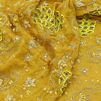 Indian Vintage Heavy Mustard Dupatta Pure Georgette Silk Long Stole Hand Embroidered Scarf Zari