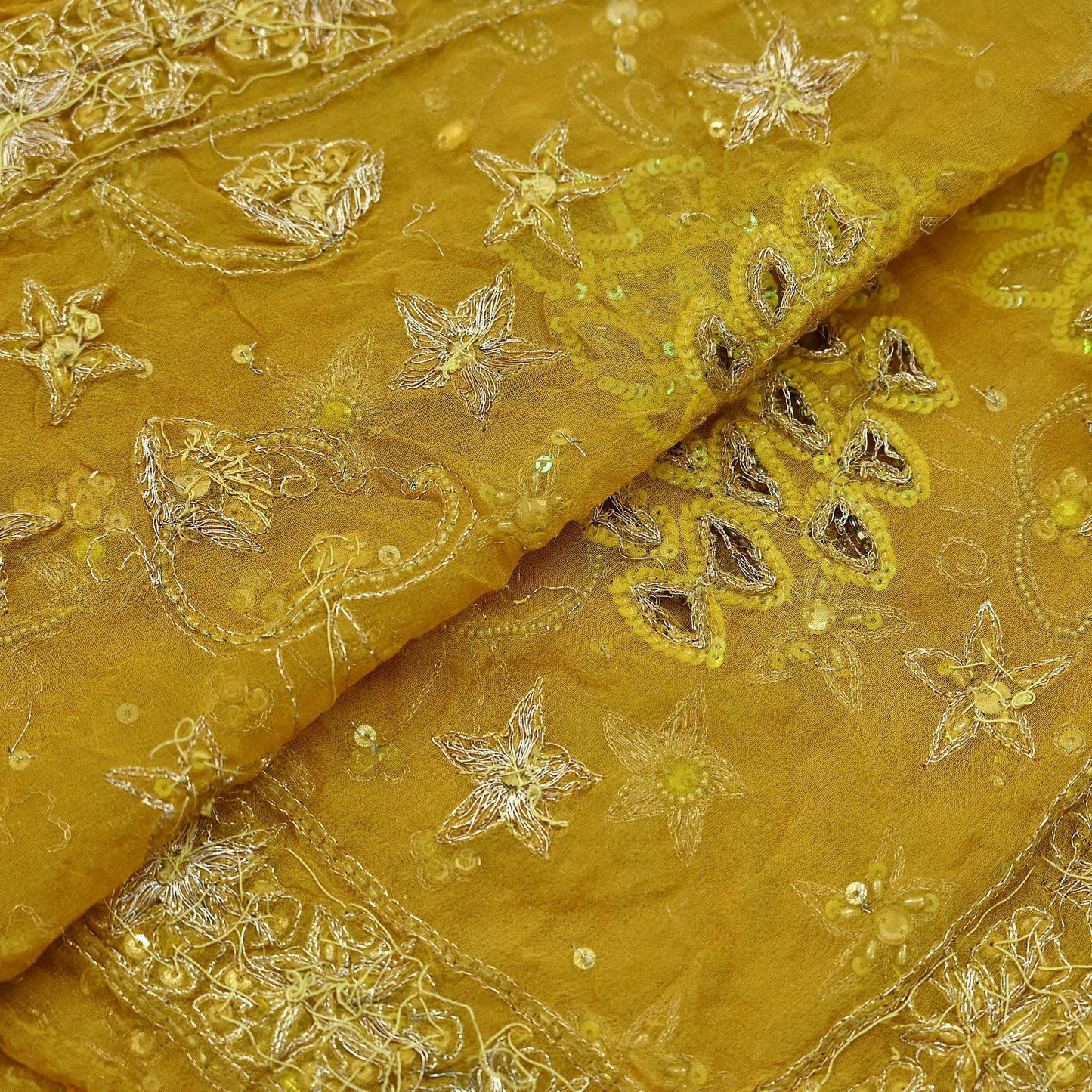 Indian Vintage Heavy Mustard Dupatta Pure Georgette Silk Long Stole Hand Embroidered Scarf Zari