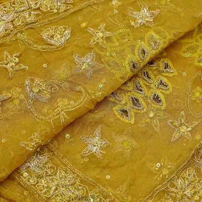 Indian Vintage Heavy Mustard Dupatta Pure Georgette Silk Long Stole Hand Embroidered Scarf Zari