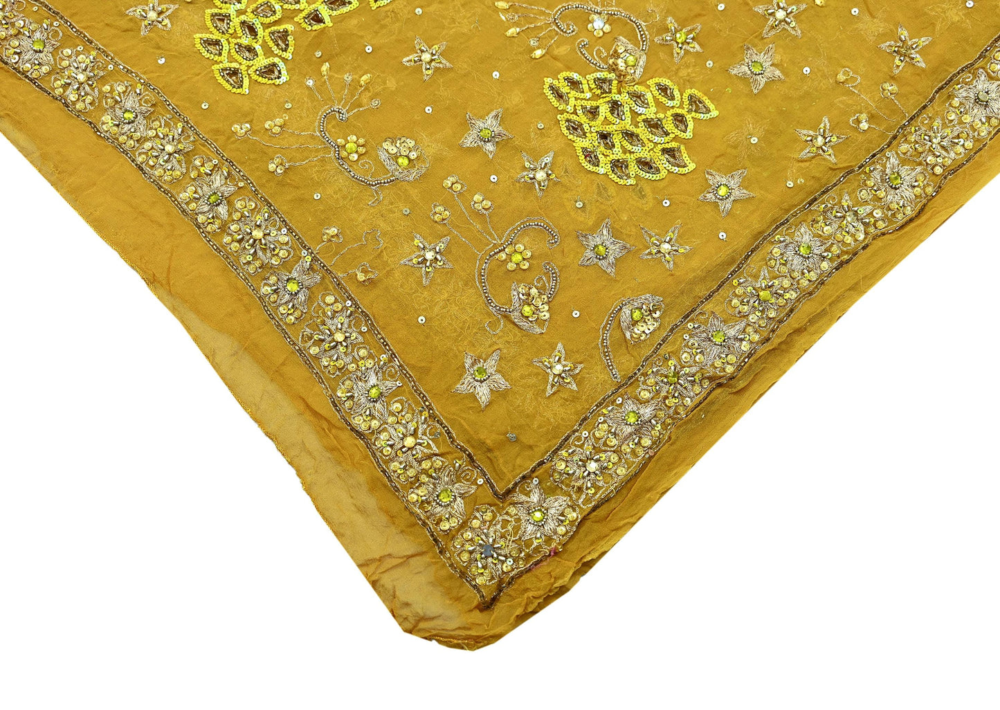 Indian Vintage Heavy Mustard Dupatta Pure Georgette Silk Long Stole Hand Embroidered Scarf Zari