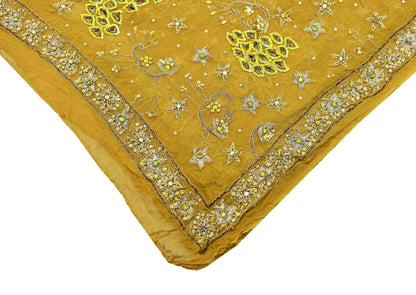 Indian Vintage Heavy Mustard Dupatta Pure Georgette Silk Long Stole Hand Embroidered Scarf Zari
