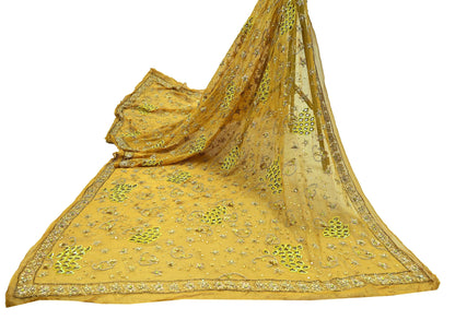 Indian Vintage Heavy Mustard Dupatta Pure Georgette Silk Long Stole Hand Embroidered Scarf Zari
