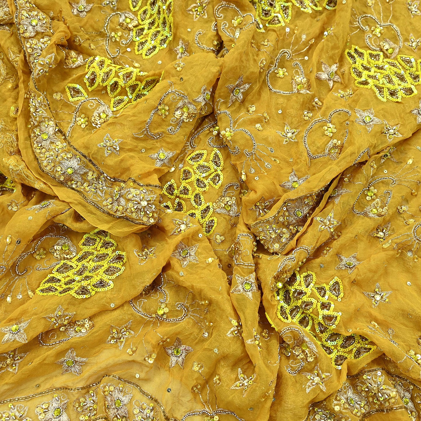 Indian Vintage Heavy Mustard Dupatta Pure Georgette Silk Long Stole Hand Embroidered Scarf Zari
