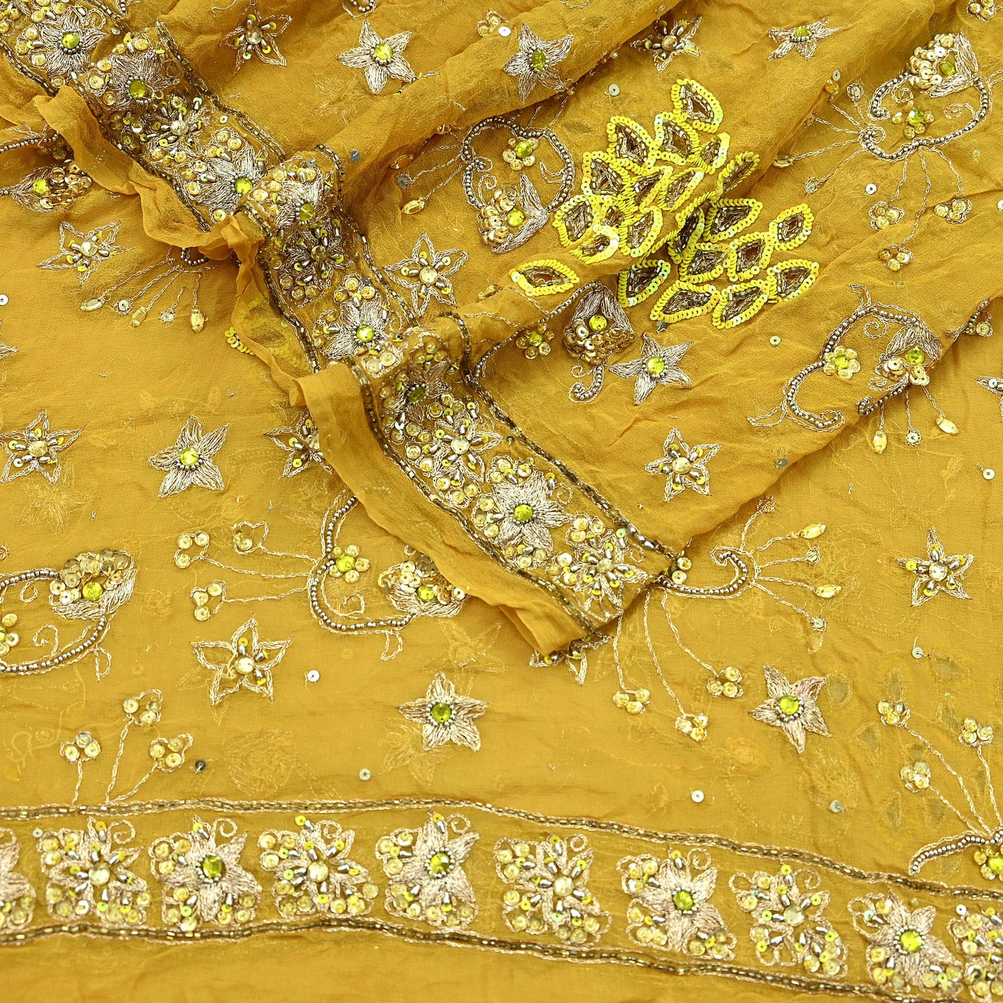 Indian Vintage Heavy Mustard Dupatta Pure Georgette Silk Long Stole Hand Embroidered Scarf Zari