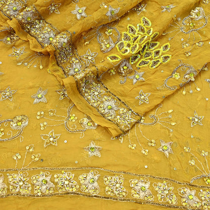Indian Vintage Heavy Mustard Dupatta Pure Georgette Silk Long Stole Hand Embroidered Scarf Zari