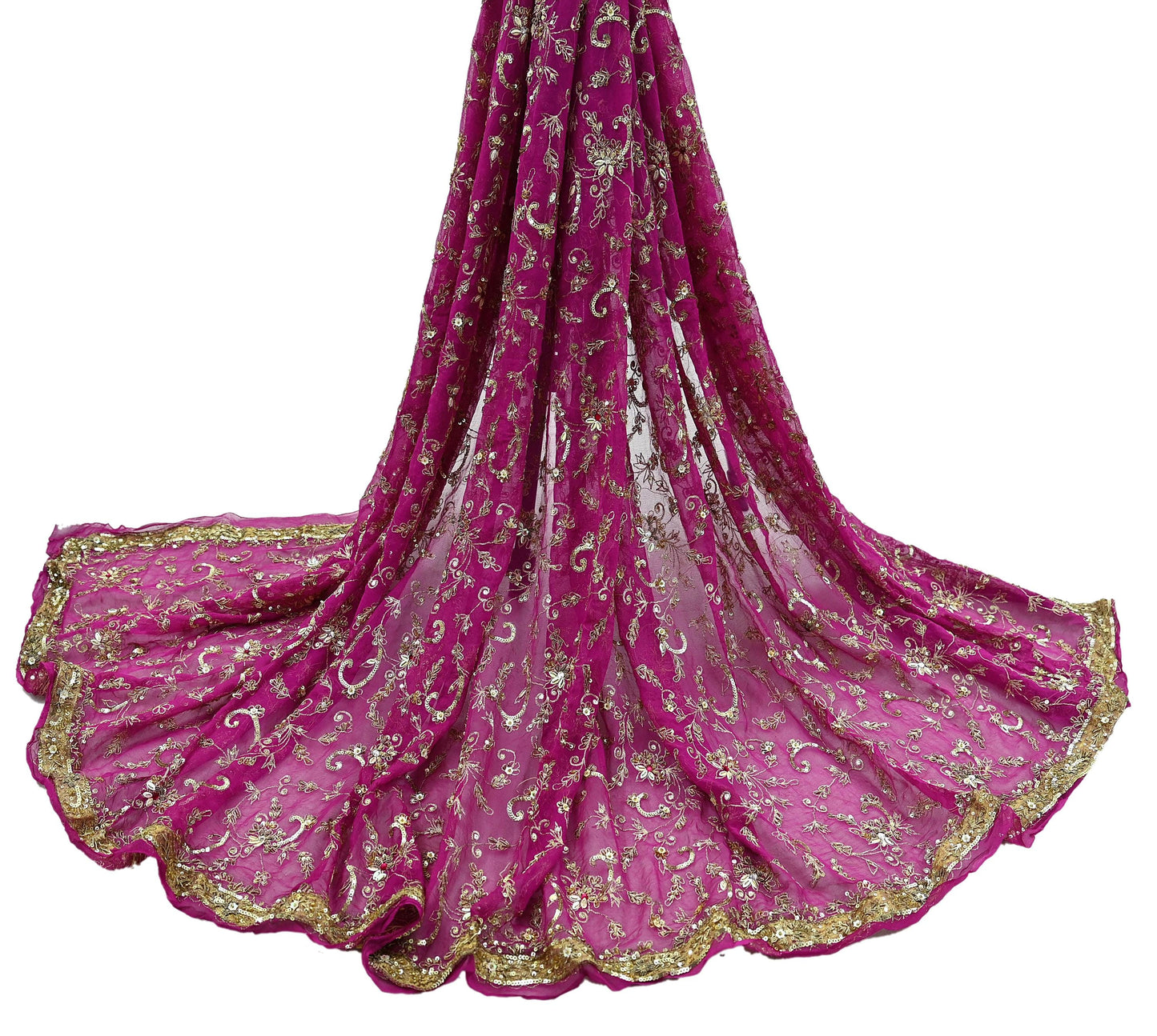 Indian Vintage Heavy Pink Dupatta Pure Georgette Silk Long Stole Hand Embroidered Scarves Scarf Zari Zardozi Bridal/Wedding Veil