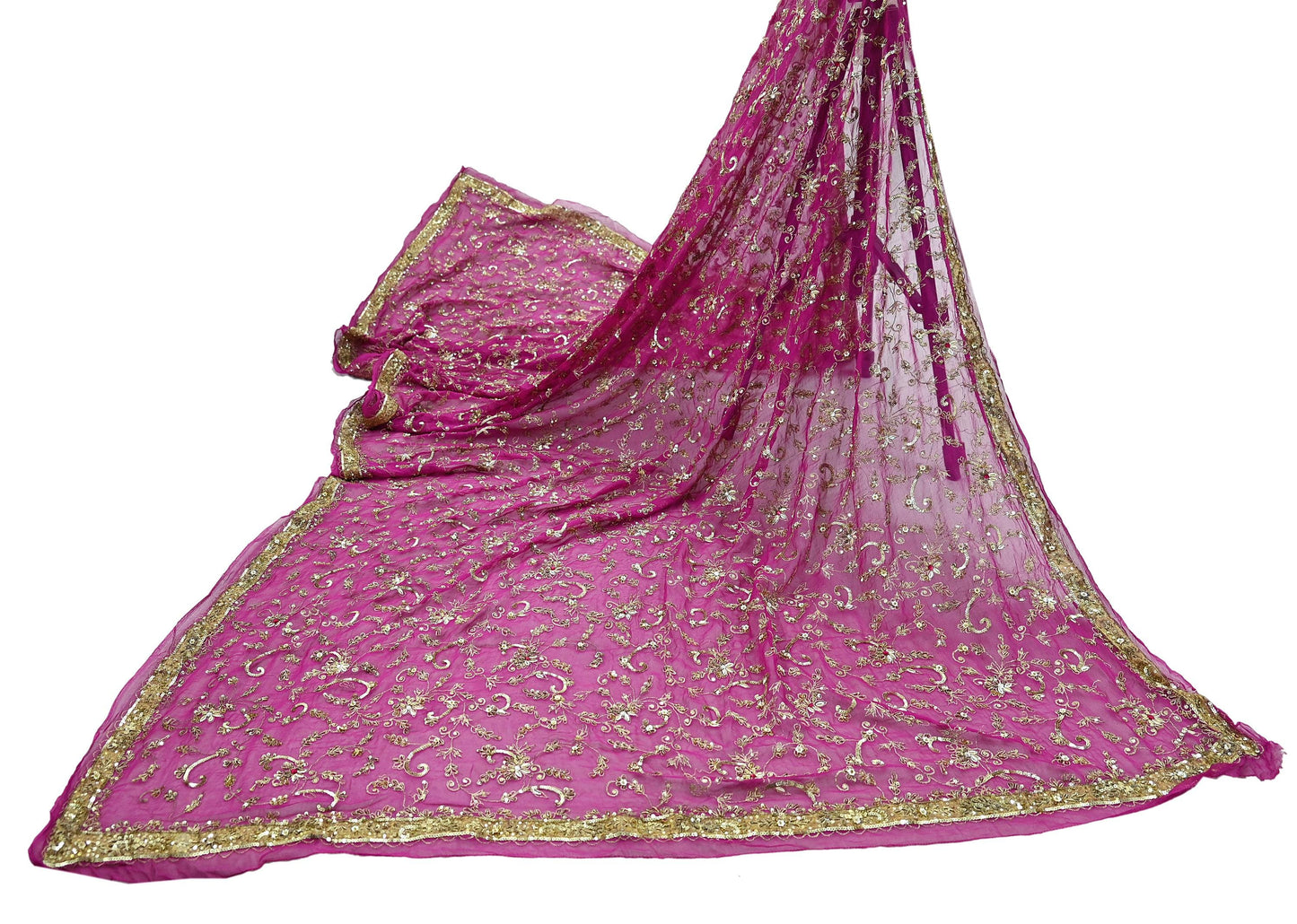 Indian Vintage Heavy Pink Dupatta Pure Georgette Silk Long Stole Hand Embroidered Scarves Scarf Zari Zardozi Bridal/Wedding Veil
