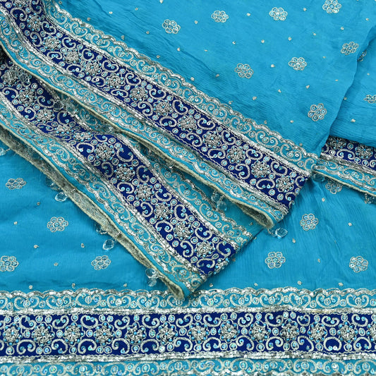 Indian Vintage Heavy Blue Dupatta Pure silk Long Stole Hand Embroidered Hijab Scarves Veil Wrap Glass Beaded Velvet Patch