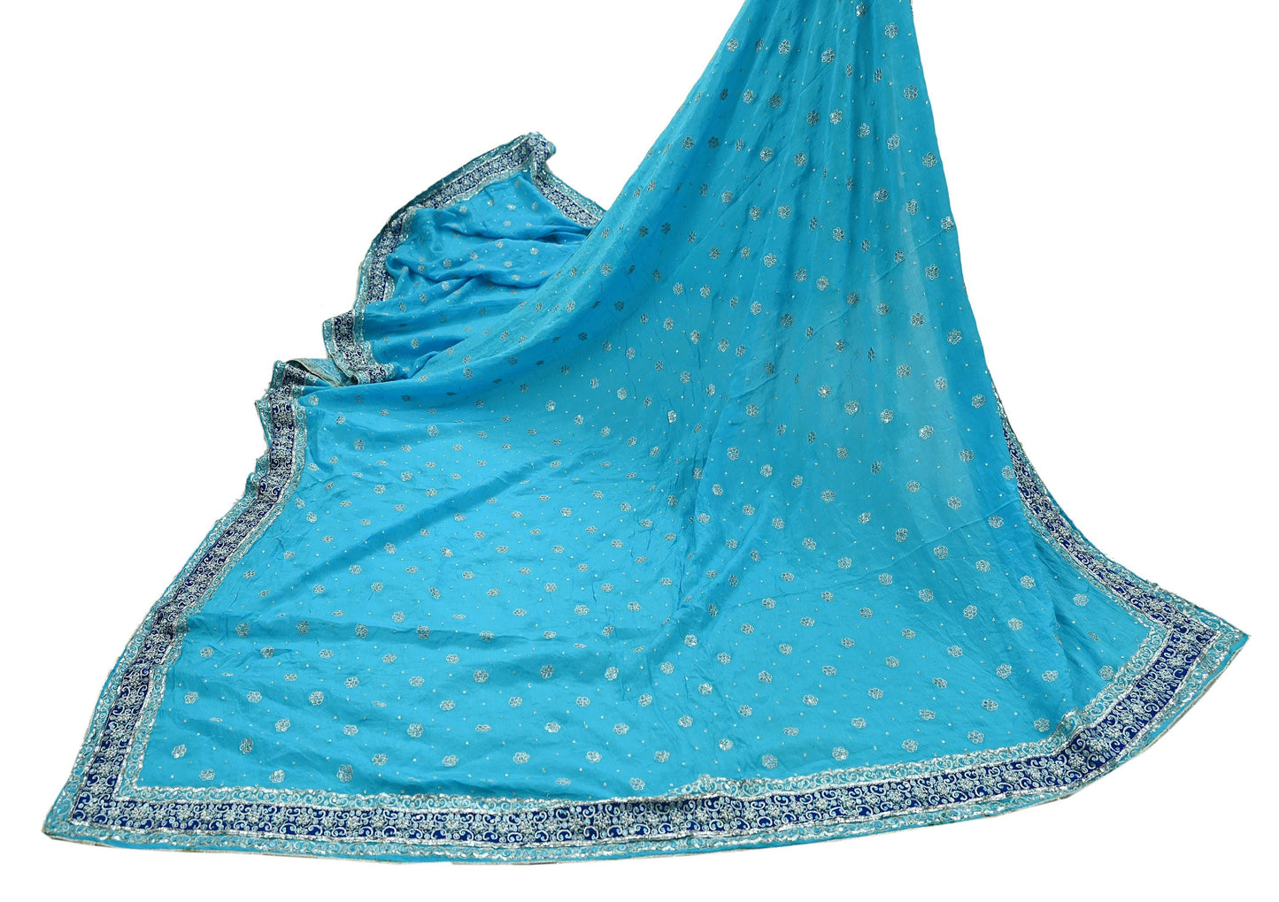 Indian Vintage Heavy Blue Dupatta Pure silk Long Stole Hand Embroidered Hijab Scarves Veil Wrap Glass Beaded Velvet Patch