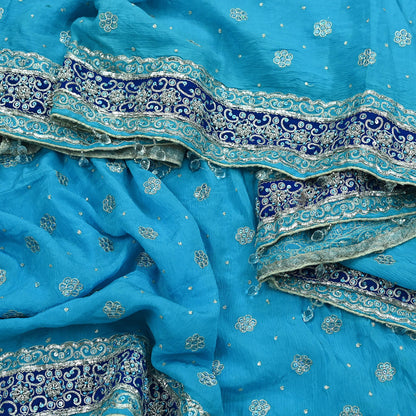 Indian Vintage Heavy Blue Dupatta Pure silk Long Stole Hand Embroidered Hijab Scarves Veil Wrap Glass Beaded Velvet Patch