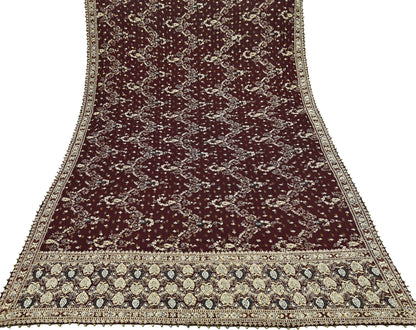 Indian Vintage Heavy Bridal Maroon Dupatta Pure Silk Long Stole Hand Embroidered Scarves Dabka Zardozi Zari Wedding Veil