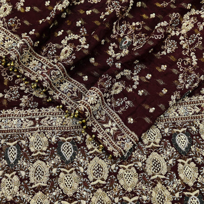 Indian Vintage Heavy Bridal Maroon Dupatta Pure Silk Long Stole Hand Embroidered Scarves Dabka Zardozi Zari Wedding Veil